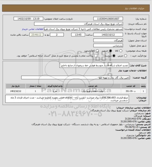 استعلام تجدید اصلاح شبکه فشار متوسط هوایی خط سیخوران از منابع داخلی