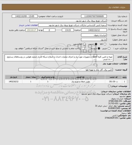 استعلام تهیه و تامین کلیه کالاها و تجهیزات مورد نیاز و اجرای عملیات احداث و اصلاح شبکه فشار ضعیف هوایی در روستاهای بساروج – ده غیبی