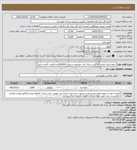 استعلام حلواشکری تکنفره 30گرمی مارک کابر ،موسوی،سیمرغ   (100000عدد)قیمت گذاری شود