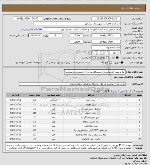 استعلام لوازم نصب انشعاب برای روستای میرآباد از شهرستان نیشابور