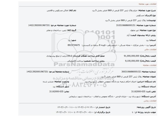 مزایده، پلاک ثبتی 237 فرعی از 869 اصلی بخش 5 یزد