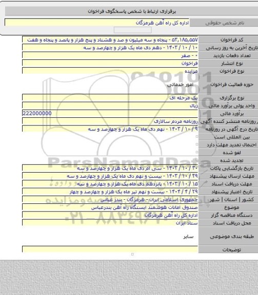 مزایده, صندوق امانات هوشمند ایستگاه راه آهن بندرعباس