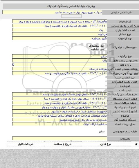 مناقصه, انجام مطالعات طرح تاب آوری و مقاوم سازی شبکه های توزیع