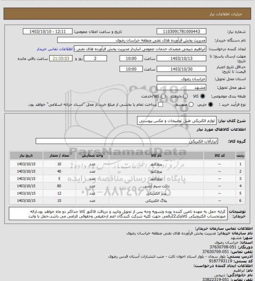 استعلام لوازم الکتریکی طبق توضیحات و عکس پیوستی