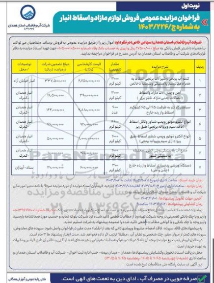 مزایده فروش لوازم مازاد و اسقاط انبار