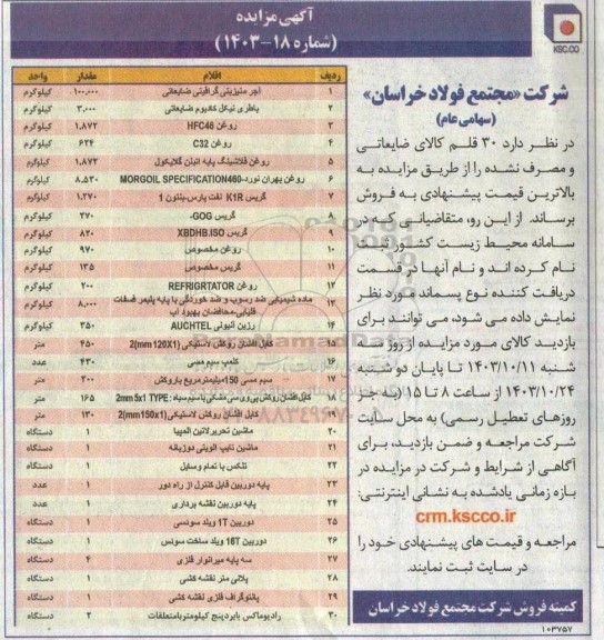 مزایده فروش 30 قلم کالای ضایعاتی و مصرف نشده ...