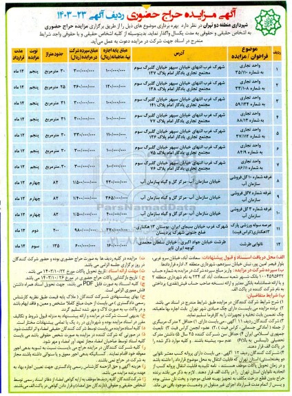 مزایده حراج حضوری بهره برداری واحد تجاری