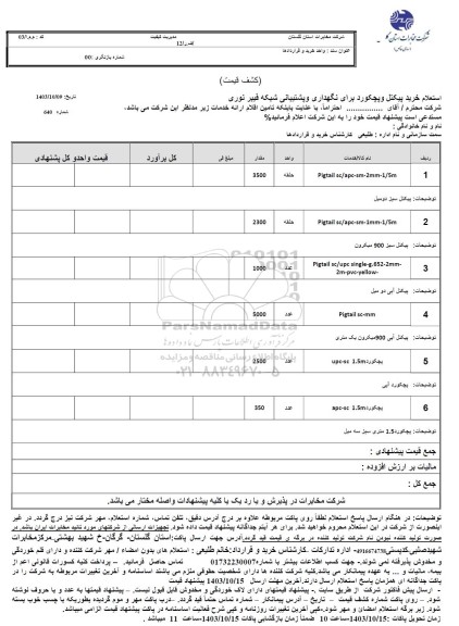 استعلام خرید پیکتل و پچکورد برای نگهداری و پشتیبانی شبکه فیبر نوری 