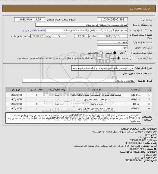 استعلام خرید لایسنس طبق شرح توضیحات و با احتساب هزینه بیمه