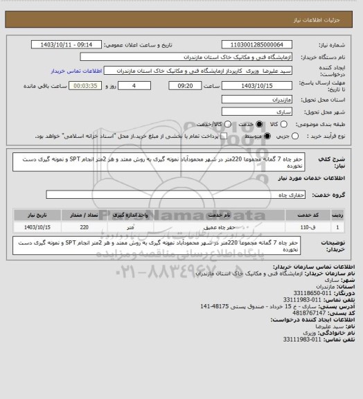 استعلام حفر چاه 7 گمانه مجموعا 220متر در شهر محمودآباد نمونه گیری به روش ممتد و هر 2متر انجام SPT و نمونه گیری دست نخورده