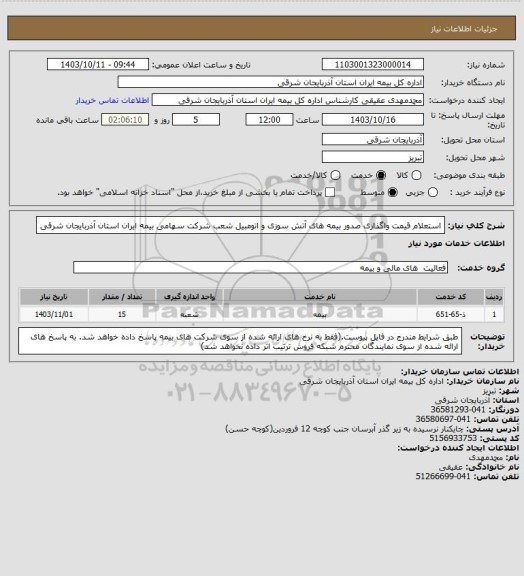 استعلام استعلام قیمت واگذاری صدور بیمه های آتش سوزی و اتومبیل شعب  شرکت سهامی بیمه ایران استان آذربایجان شرقی