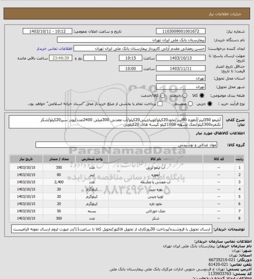 استعلام آبلیمو 350لیتر/آبغوره 80لیتر/نخود20کیلو/لوبیاچیتی20کیلو/آب معدنی 300میلی 2400عدد/پودر سیر20کیلو/شکر تکنفره300کیلو/نمک تسویه 1000کیلو کیسه های 20کیلویی