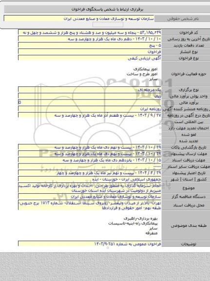 مناقصه, انجام سرمایه گذاری به منظور طراحی٬ احداث و بهره برداری از کارخانه تولید اکسید منیزیم از دولومیت در شهرستان ایذه استان خوزستان