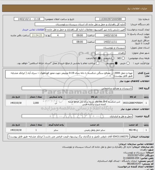 استعلام  تهیه و حمل 2000 تن مصالح سنگی شکسته با دانه بندی 19-0 میلیمتر جهت محور کورناهوک – سری آباد ( ایرانکد مشابه- طبق فایل پیوست)