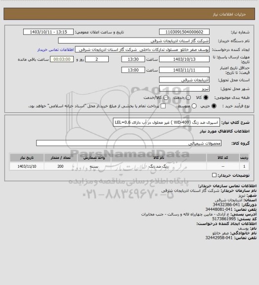 استعلام اسپری ضد زنگ (WD-400 ) غیر محلول در آب دارای LEL=0.6