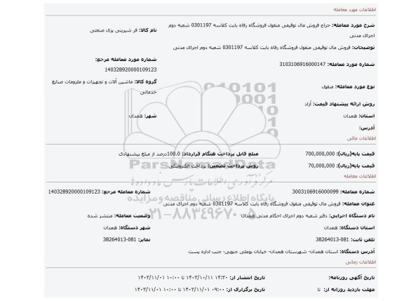 مزایده، فروش مال توقیفی منقول فروشگاه رفاه بابت کلاسه 0301197 شعبه دوم اجرای مدنی