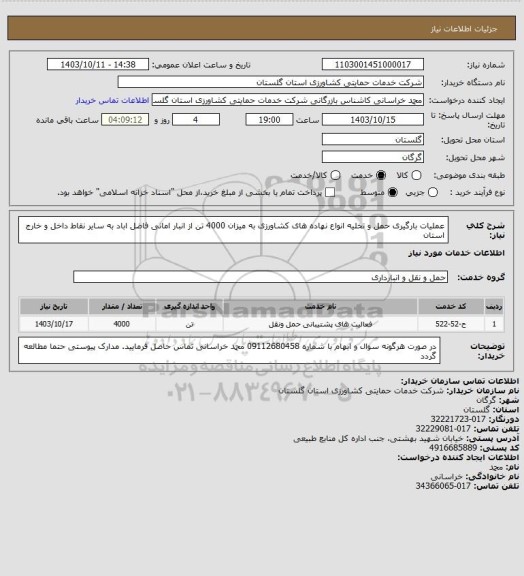 استعلام عملیات بارگیری حمل و تخلیه انواع نهاده های کشاورزی به میزان 4000 تن از انبار امانی فاضل اباد به سایر نقاط داخل  و خارج استان