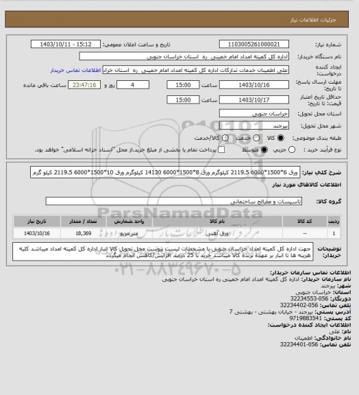 استعلام ورق 6*1500*6000  2119.5 کیلوگرم 
ورق 8*1500*6000  14130 کیلوگرم 
ورق 10*1500*6000   2119.5 کیلو گرم