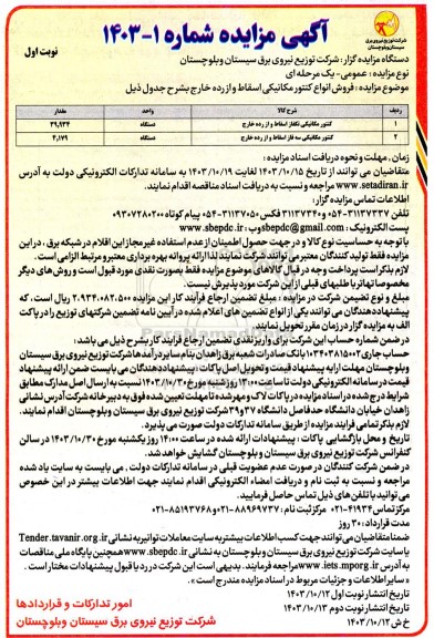 آگهی مزایده فروش انواع کنتور مکانیکی اسقاط و از رده خارج 