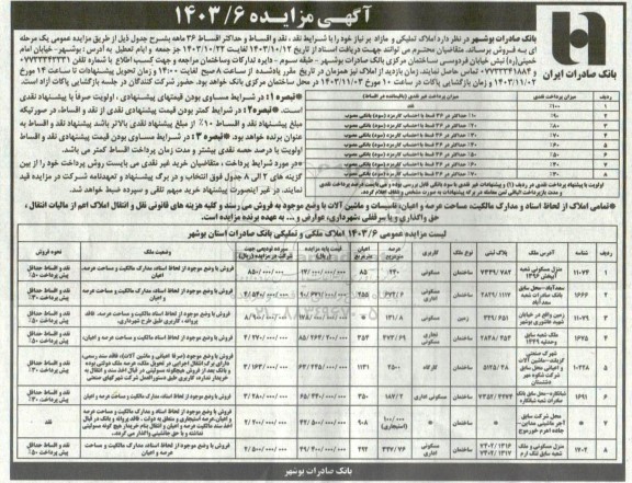 مزایده فروش املاک تملیکی و مازاد