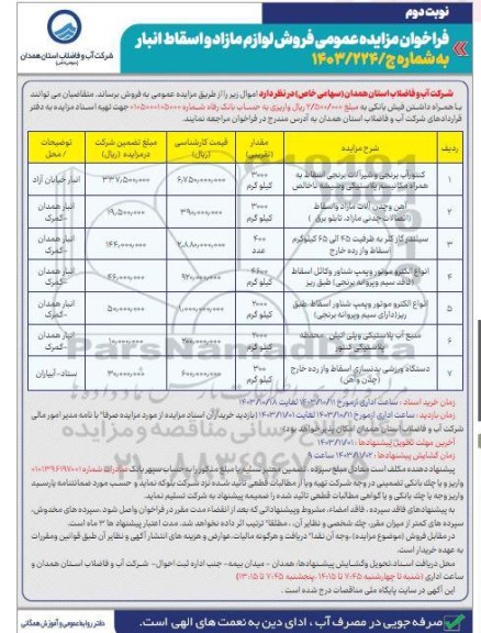 مزایده فروش لوازم مازاد و اسقاط انبار نوبت دوم