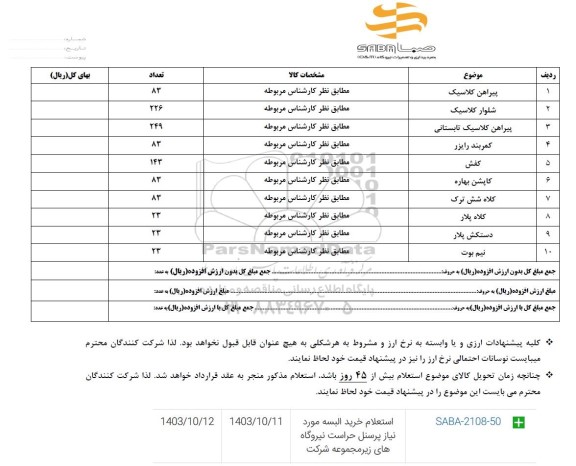 استعلام خرید البسه مورد نیاز پرسنل حراست نیروگاه های پرمجموعه شرکت