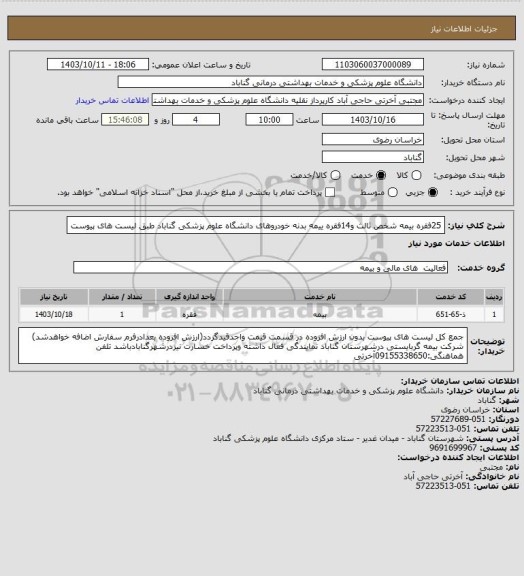 استعلام 25فقره بیمه شخص ثالث و14فقره ییمه بدنه خودروهای دانشگاه علوم پزشکی گناباد طبق لیست های پیوست