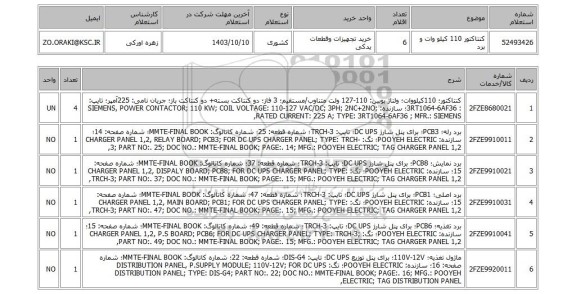 استعلام کنتاکتور 110 کیلو وات و برد