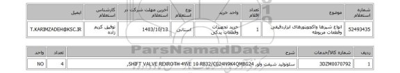 استعلام انواع شیرها واکچویتورهای ابزاردقیقی وقطعات مربوطه