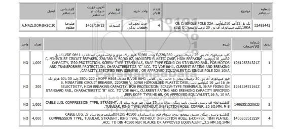 استعلام تک پل 32آمپر 10کیلوآمپر: C& C: SINGLE POLE 32A 10KA;کلید مینیاتوری آی پی 20 ترمینال پیچی، C کوتاه