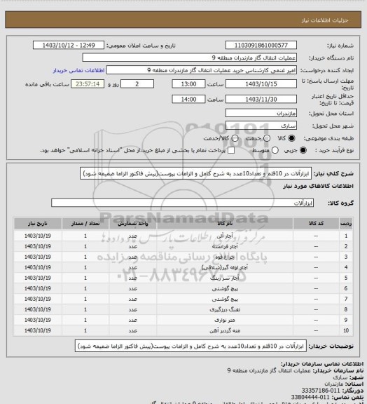 استعلام ابزارآلات در 10قلم و تعداد10عدد به شرح کامل و الزامات پیوست(پیش فاکتور الزاما ضمیمه شود)