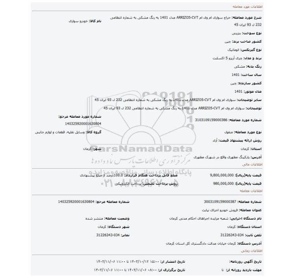 مزایده، سواری ام وی ام ARRIZO5-CVT مدل 1401 به رنگ مشکی به شماره انتظامی 232 ل 93 ایران 45