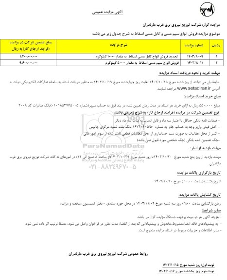 مزایده فروش انواع سیم مسی و کابل مسی اسقاط