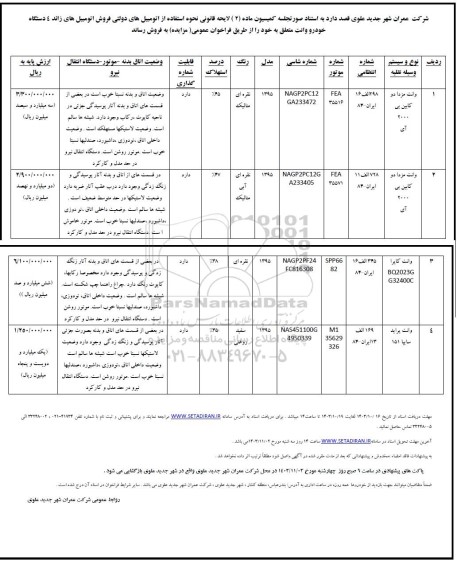 مزایده فروش اتومبیل های زائد 4 دستگاه خودرو وانت 