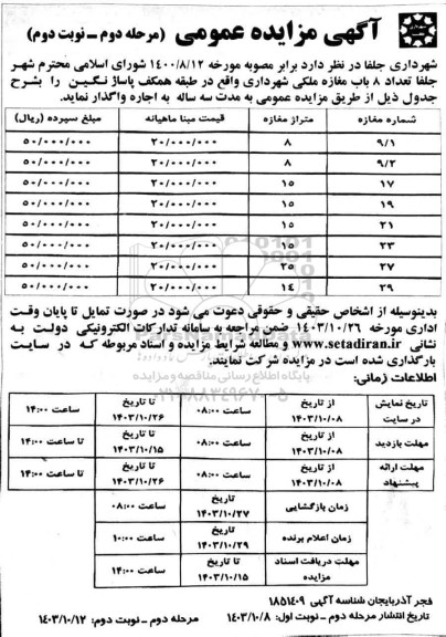 مزایده تعداد 8 باب مغازه ملکی شهرداری - مرحله دوم نوبت دوم