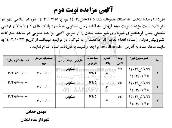 مزایده فروش سه قطعه زمین مسکونی - نوبت دوم