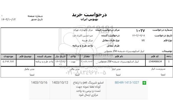 استعلام لیبل اسلیوسینرژی شیشه 250 معمولی