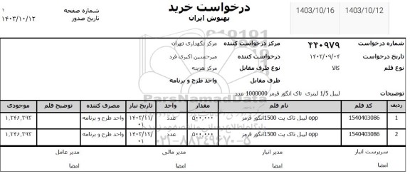 استعلام لیبل 1.5 لیتری تاک انگور قرمز 