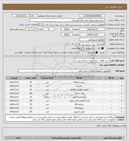 استعلام خرید قطعات رایانه طبق استعلام پیوست