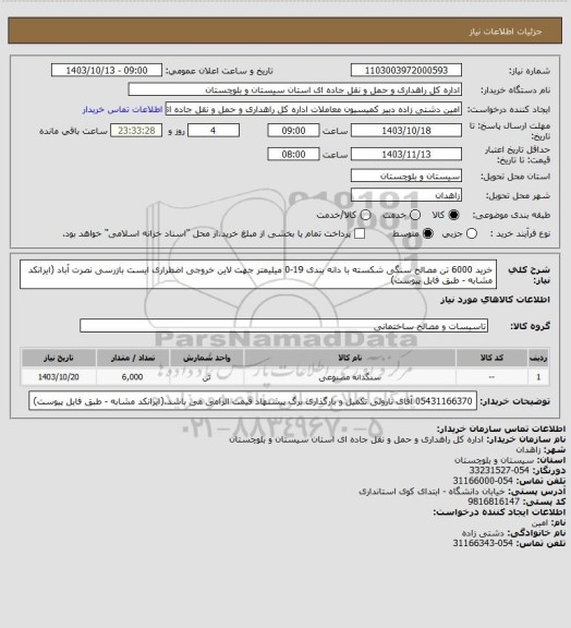 استعلام خرید 6000 تن مصالح سنگی شکسته با دانه بندی 19-0 میلیمتر جهت لاین خروجی اضطراری ایست بازرسی نصرت آباد (ایرانکد مشابه - طبق فایل پیوست)