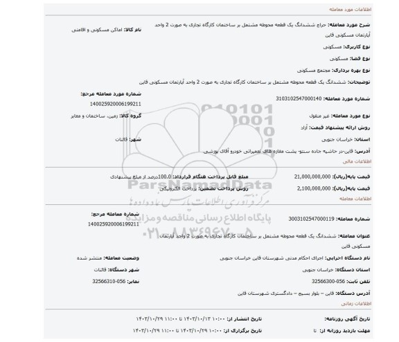 مزایده، ششدانگ یک قطعه محوطه مشتمل بر ساختمان کارگاه تجاری به صورت 2 واحد آپارتمان مسکونی قاین