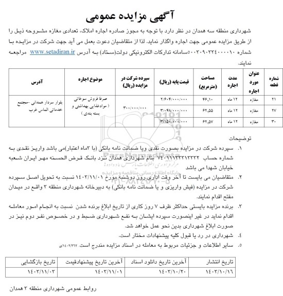 مزایده عمومی اجاره سه مغازه