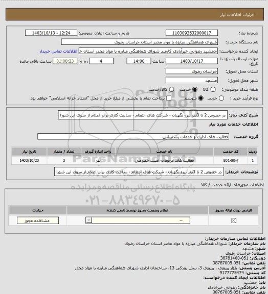 استعلام در خصوص 2 تا  3نفر نیرو نگهبان  - شرکت های انتظام - ساعت کاری برابر اعلام از سوی این شورا