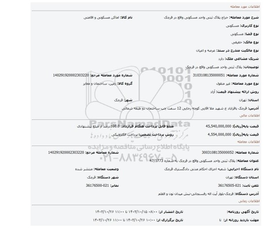 مزایده، پلاک ثبتی واحد مسکونی واقع در قرچک