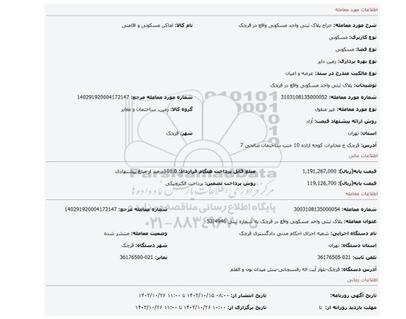 مزایده، پلاک ثبتی واحد مسکونی واقع در قرچک