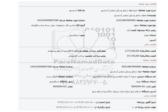 مزایده، اموال شامل وسایل صنعتی أسانسور