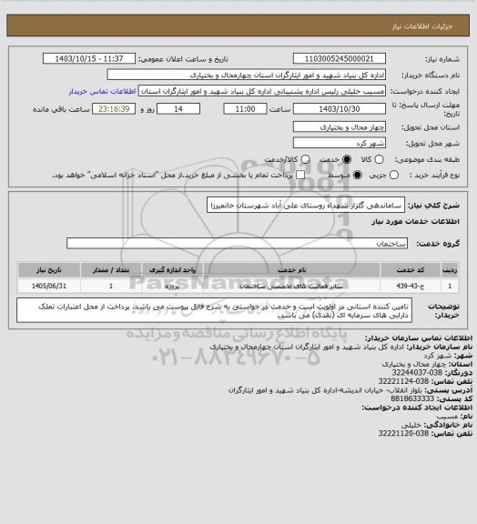 استعلام ساماندهی گلزار شهداء روستای علی آباد شهرستان خانمیرزا