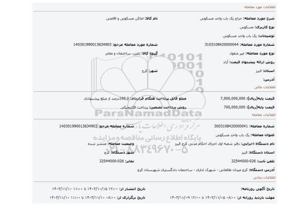 مزایده، یک باب واحد مسکونی