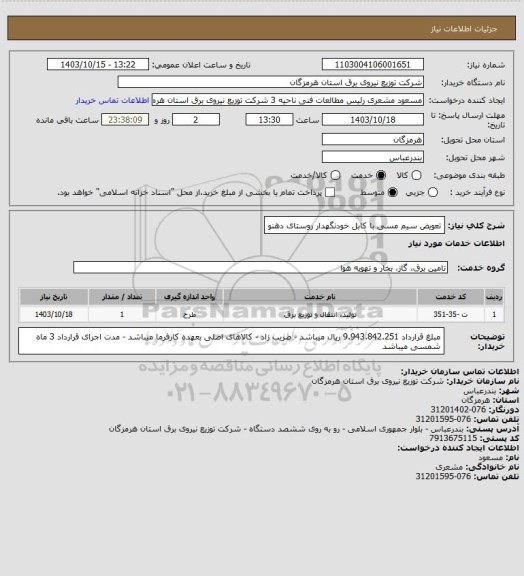 استعلام تعویض سیم مسی با کابل خودنگهدار روستای دهنو