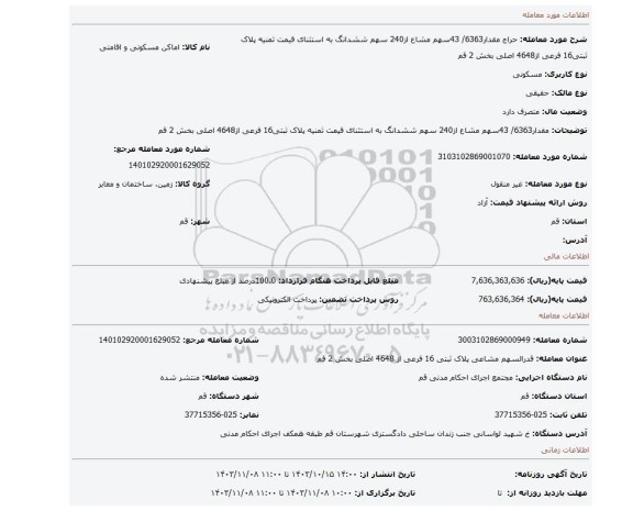 مزایده، مقدار6363/ 43سهم مشاع از240 سهم ششدانگ به استثنای قیمت ثمنیه پلاک ثبتی16 فرعی از4648 اصلی بخش 2 قم